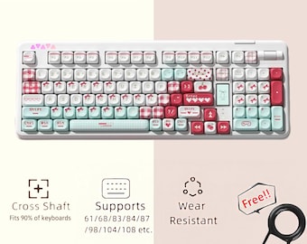 Kawaii Backlit Keycaps Set, PBT Artisian Key Caps, Red & Blue Keycaps, Birthday Gift For Her