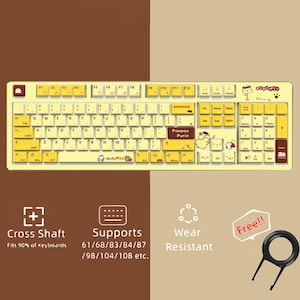 Juego de teclas de Sanrio Pudding Dog, diseño kawaii, decoración de teclado amarilla, juego completo de teclas, 108 teclas PBT, para niña