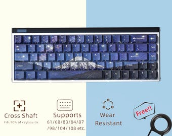 Blue Mount Fuji Keycaps, Artisan Side-Engraved Full Key Caps Set, Cherry MX PBT Transparent Keycaps, Gift For Gamers