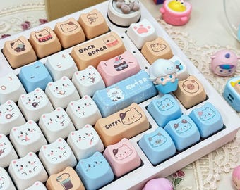 Cute Cat MAO Profile Keycap Set, Kawaii Cartoon Keycaps Set, White Keyboard Decoration, Full Keycaps Set, 140 Keys Keycaps, For Girl