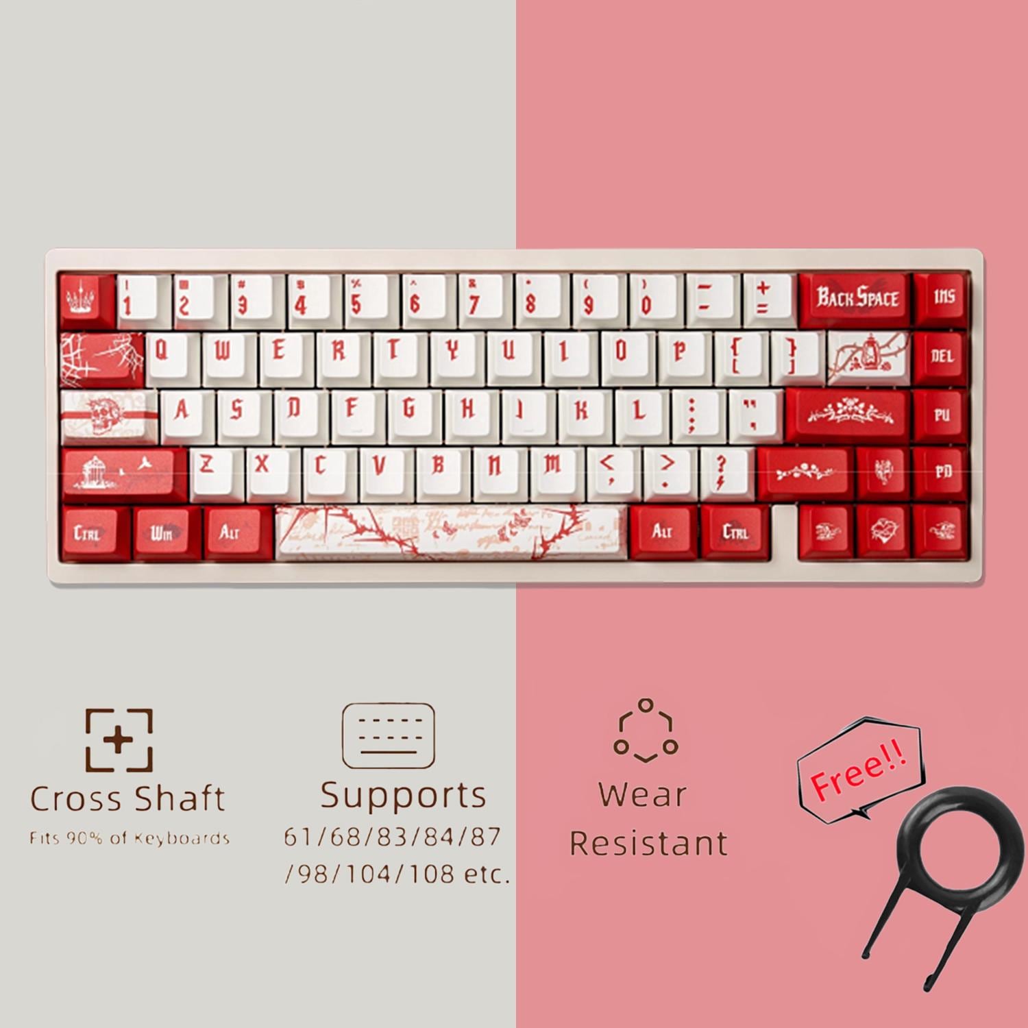 Gothic Red Rose Keycaps Set, PBT 127 Keys Keycap, Gaming Keyboard