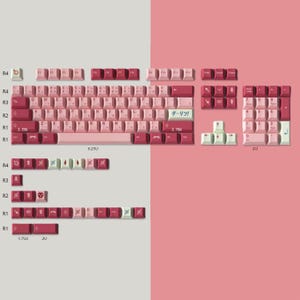 Op de afbeelding: Een roze en wit mechanisch toetsenbord met toetsen met verschillende symbolen en de tekst "ダーリン!" (Lieveling!). Het toetsenbord heeft een 6.250U-indeling en bevat een 20U-toets.