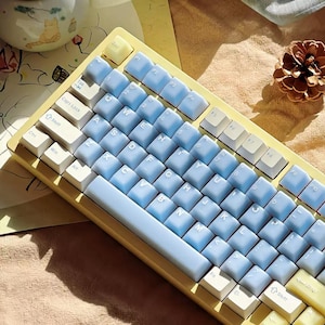 Könnte beinhalten: Eine mechanische Tastatur mit einem blassgelben Rahmen und einer Mischung aus hellblauen und cremefarbenen Tastenkappen. Die Tasten zeigen eine standardmäßige QWERTY-Beschriftung in dunkler Schrift. Das Layout umfasst Funktionstasten.