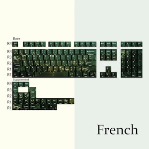 Puede incluir: Un conjunto de teclas de teclado verde oscuro con letras blancas y un dise&ntilde;o moteado. El conjunto incluye teclas base, teclas suplementarias y teclas de funci&oacute;n. La palabra "French" est&aacute; escrita en negro en la parte inferior de la imagen.