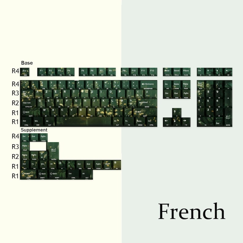 Puede incluir: Un conjunto de teclas de teclado verde oscuro con letras blancas y un dise&ntilde;o moteado. El conjunto incluye teclas base, teclas suplementarias y teclas de funci&oacute;n. La palabra "French" est&aacute; escrita en negro en la parte inferior de la imagen.