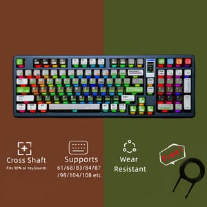 May include: A dark blue mechanical keyboard with multi-coloured keycaps and white lettering. The image shows a keycap puller and icons indicating features such as cross shaft compatibility and wear resistance. The keyboard supports various sizes, including 61, 68, 83, 84, 87, 98, 104, and 108 keys.