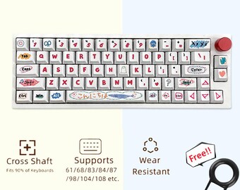 Cute Graffiti White Keycaps Set, Anime Doodle Keycaps Set, Mechanical Keyboard Universal Keycaps, Cherry 126 Artisan Keycaps