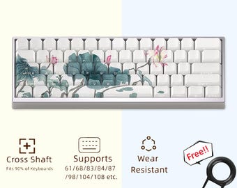 Juego de teclas translúcidas con flor de loto y grabado lateral de hoja de loto. Teclas universales para teclados mecánicos. Teclas Cherry 130 Artisan.