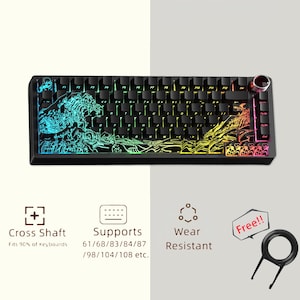 Può includere: Tastiera meccanica nera con un design a onde colorate. Include compatibilità cross shaft, supporto per varie dimensioni di tastiera e resistenza all'usura. Include un estrattore di tasti.