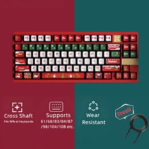 May include: A red mechanical keyboard with white, green, and gold keycaps. The keycaps feature Christmas-themed designs. The keyboard supports various sizes and is wear-resistant. Includes a keycap puller. The text "Cross Shaft", "Supports", and "Wear Resistant" is visible.