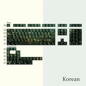 Puede incluir: Un conjunto de teclas de teclado verde oscuro y dorado para un teclado mec&aacute;nico. Las teclas est&aacute;n dispuestas para mostrar las teclas base y suplementarias. La palabra "Korean" est&aacute; escrita en la esquina inferior derecha.