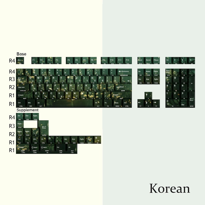 Puede incluir: Un conjunto de teclas de teclado verde oscuro y dorado para un teclado mec&aacute;nico. Las teclas est&aacute;n dispuestas para mostrar las teclas base y suplementarias. La palabra "Korean" est&aacute; escrita en la esquina inferior derecha.