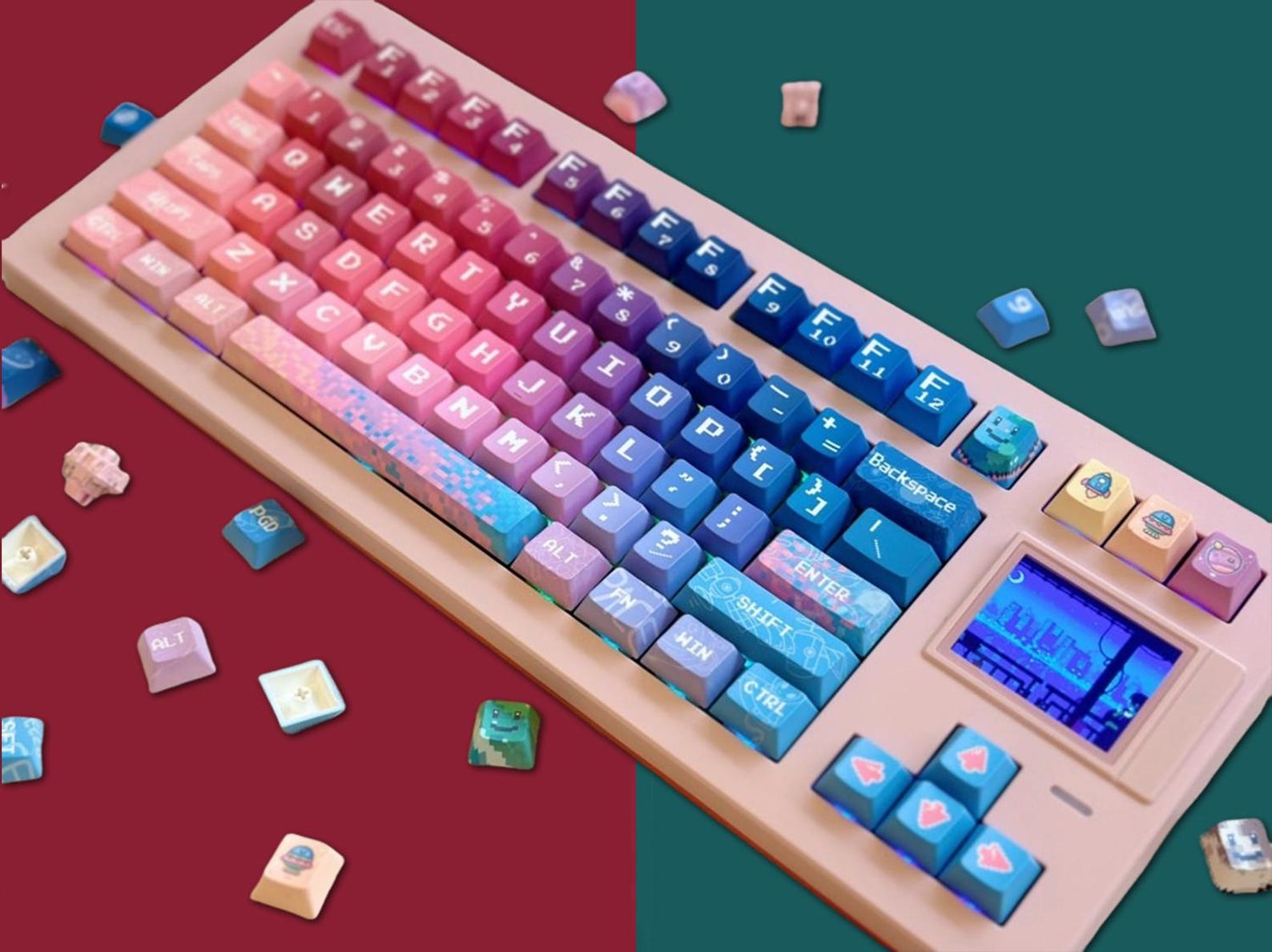 Colorful Pixel Gradient Keycaps Set, Fantasy Pink and Blue Keycaps Set ...