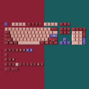 Op de afbeelding: Een volledige toetsenbordindeling met een roze en witte toetsenset. De toetsen hebben verschillende symbolen en ontwerpen, waaronder vlinders, een draak en de nummers 2.250, 2.750, 6.250 en 1.750. Het toetsenbord heeft ook een set rode en witte toetsen met een vlinderontwerp.
