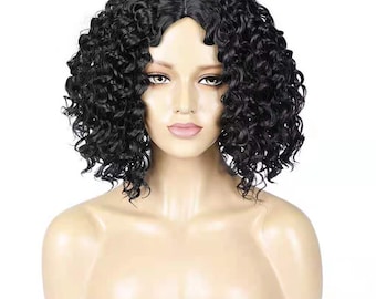 12.9 inch lady black small curly hair wig, full bangs, full headwear, high temperature silk heat-resistant cosplay fashion wig