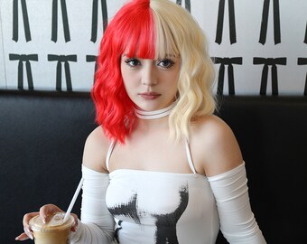 14-inch fashionable red and gold color-blocked curly hair-customized wig-Lolita wig-cosplay wig-simple-anime-fashion wig