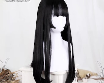 23.6 Inch Natural Black Lolita Princess Cut Long Hair-Wig-Full Headgear-Lolita Wig-Anime Cute-Cosplay Wig-Fashion