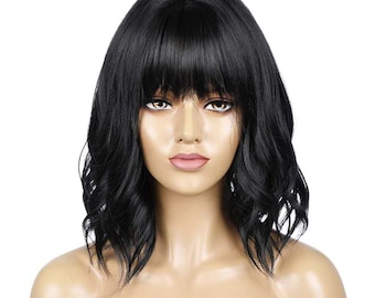 14.9 inch black mid-length hair wig headband full headpiece Lolita high temperature resistant silk cosplay fashion wig