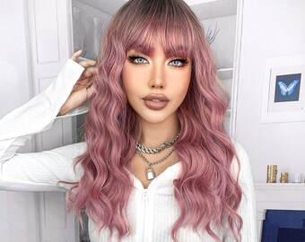 22-inch fashionable pink dyed black long curly hair-customized wig-Lolita wig-cosplay wig-simple-anime-fashion wig