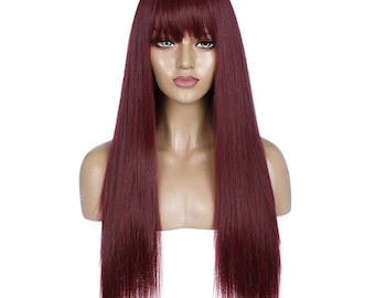 25.9 inch burgundy long straight hair wig headband full headwear high temperature resistant silk cosplay fashion wig