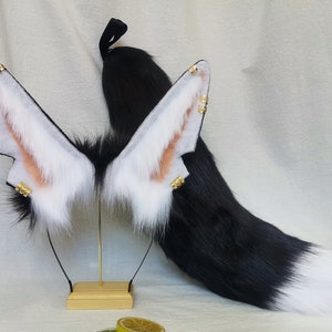 21.3 inch black and white Anubis tail and ears - COSPLAY - rabbit ears - wolf ears - cat ears - gift - lolita - fox ears