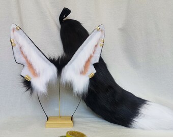 21.3 inch black and white Anubis tail and ears - COSPLAY - rabbit ears - wolf ears - cat ears - gift - lolita - fox ears