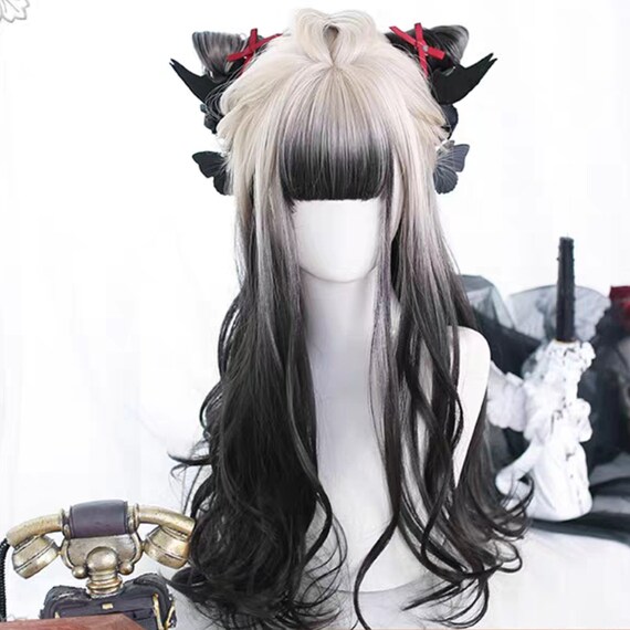 Steampunk Wig Black White Streaks Pony Tails Steampunk Wig Black White Streaks Pony Tails