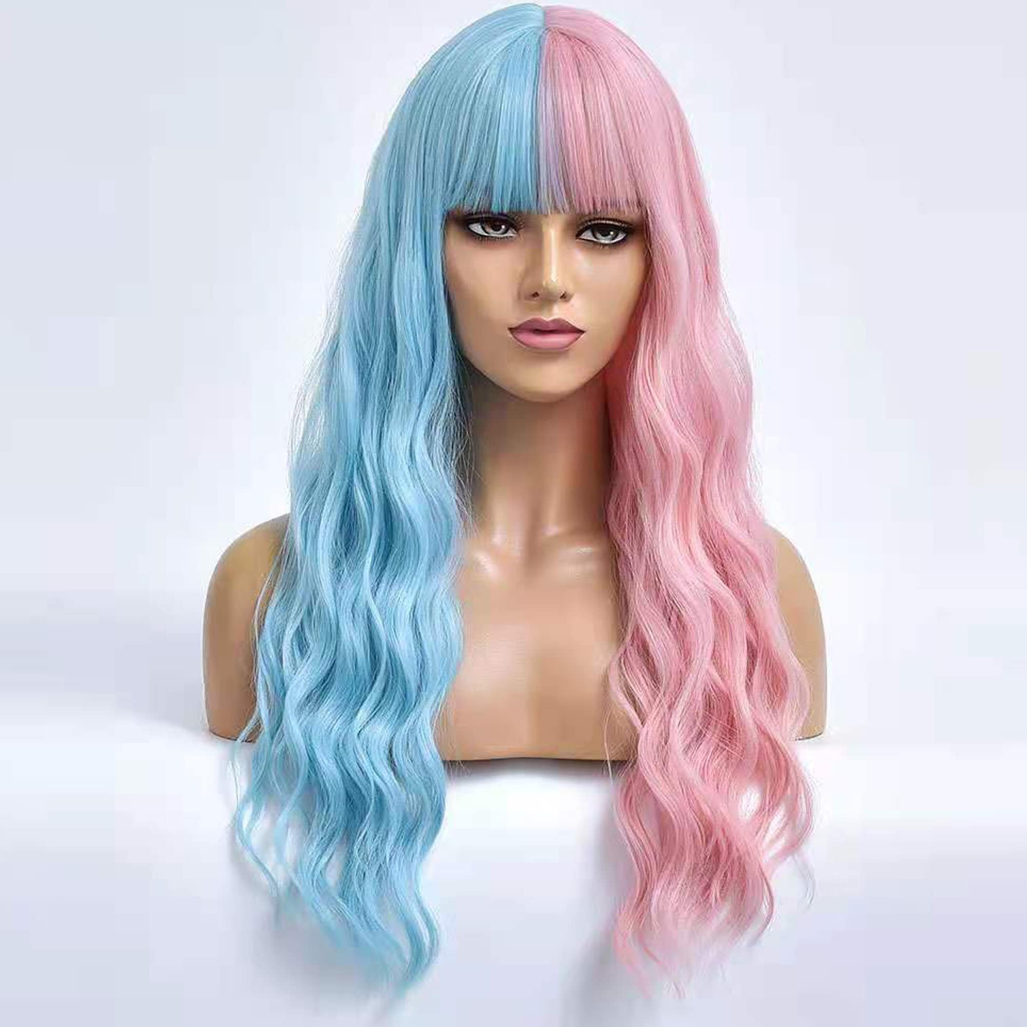 27.5 Inch Ladies Blue Pink Long Curly Hair Wig Full 