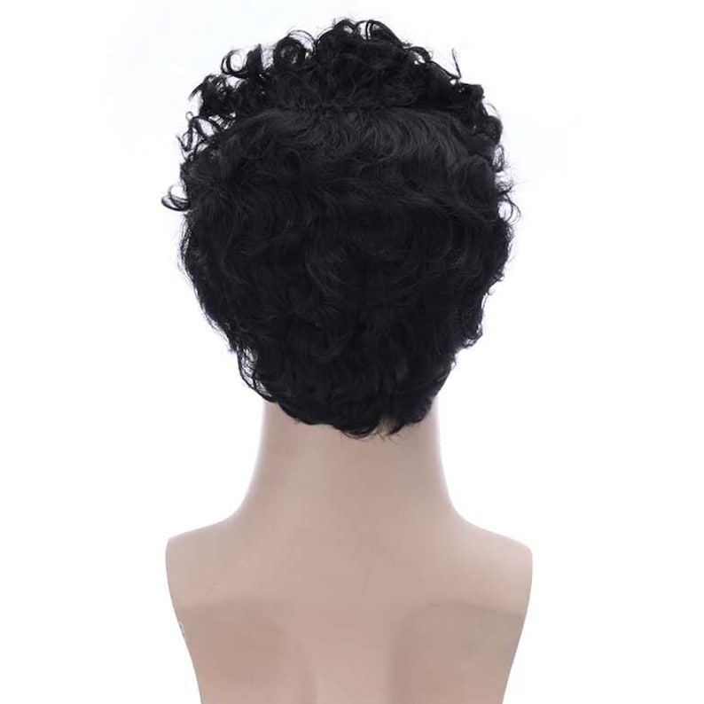 May include: A black curly wig on a mannequin head. The wig is short and has a natural, textured look.