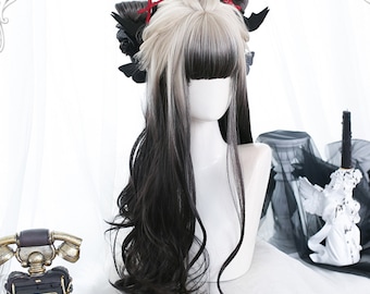 23,6 inch zwart-witte lolita lang krullend haar-pruik-cosplay lang haar-Lolita-pruik-hittebestendige vezel-modepruik