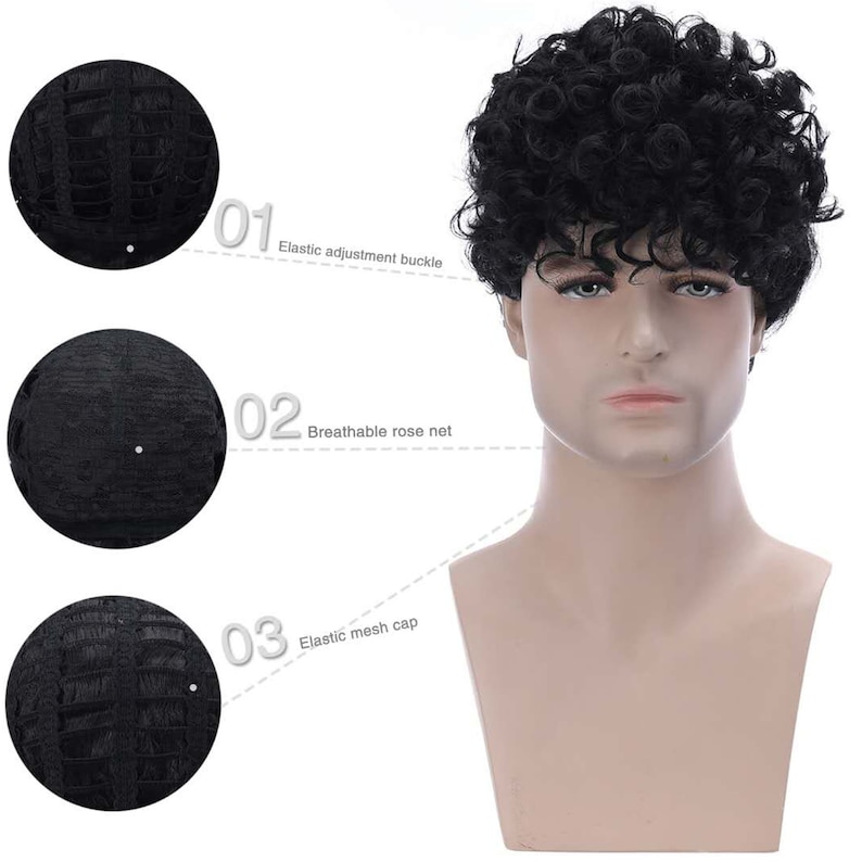May include: A black curly wig with a breathable rose net cap and an elastic adjustment buckle. The wig is on a mannequin head.