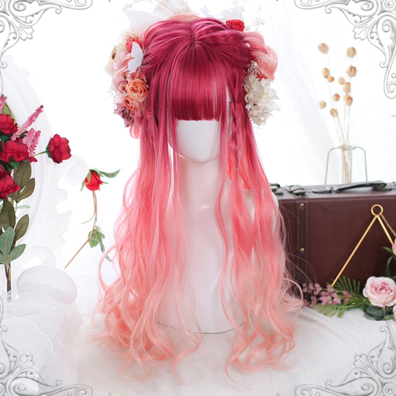 23.6 Inch Red Ombre  Long Curly Hair Cosplay Long Hair Wig Full Headdress Heat Resistant Anime Fashion Wig 