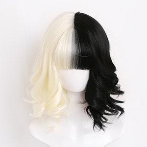 White Black Wig 28 Curly Hair Side Bangs Wig Cosplay Etsy Australia