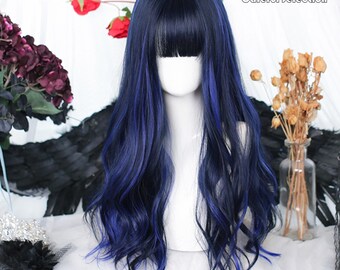 23.8 Inch Black and Blue Highlights Big Wave Curly Long Hair -wig-Custom-Lolita Wig-Cosplay Wig-Simple-Heat Resistant-Anime-Fashion Wig