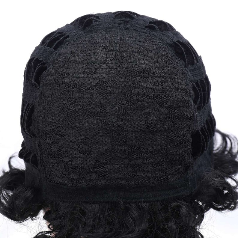 May include: Black wig with a lace front and curly hair. The wig is designed for a natural look.
