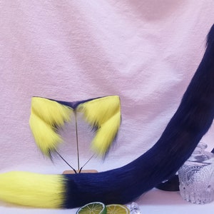22.5 inch yellow royal blue stitching cat ears cat tail beast ears wolf ears cosplay ears Lolita fox ears Halloween gift