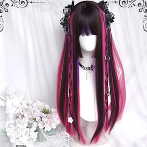 27.5 inch Lolita black brown highlighted rose purple long straight hair-wig-custom wig-Lolita wig-role play wig-festival wig