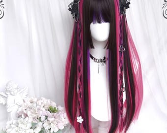 27.5 inch Lolita black brown highlighted rose purple long straight hair-wig-custom wig-Lolita wig-role play wig-festival wig