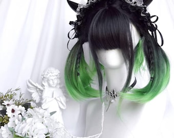 11.8 inch Lolita Chinese style panda black green gradient wig-wig-custom wig-lolita wig-role play wig-festival wig