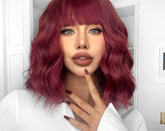 14-inch fashionable burgundy medium-length curly hair-customized wig-Lolita wig-cosplay wig-simple-anime-fashion wig