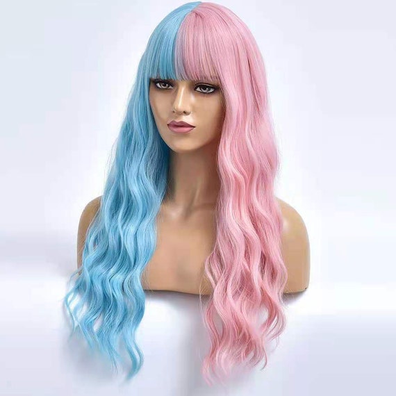 27.5 Inch Ladies Blue Pink Long Curly Hair Wig Full  display picture 1