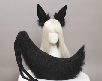 27 Inches Black and White Anubis Tails and Ears-Animal Ears-Cat Ears-Wolf Ears-Cosplay Ears-Lolita Fox Ears-Halloween Gifts-Wolf Tails