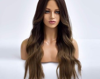 25.5 inch dark brown gradient color long curly hair wig headband full headpiece Lolita high temperature resistant silk Cosplay fashion wig