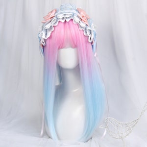 21.6 inch custom cute girly pink blue gradient long straight hair-Lolita wig-cosplay wig-beautiful girl-anime elegant-fashion wig