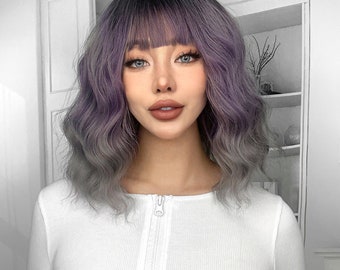 14-inch fashionable purple gradient gray dyed black medium-length curly hair-customized wig-Lolita wig-cosplay wig-simple-anime-fashion wig