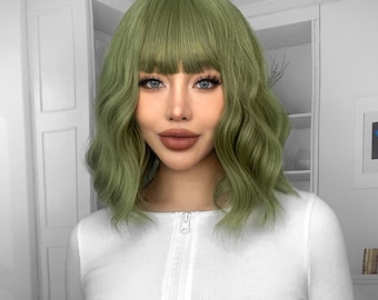 14-inch fashionable matcha green medium-length curly hair-customized wig-Lolita wig-cosplay wig-simple-anime-fashion wig