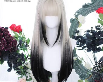 23.6 Inch Cosplay Half-Dye Black Long Straight Hair -wig-Custom-Lolita Wig-Cosplay Wig-Simple-Heat Resistant-Anime-Fashion Wig