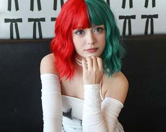 14-inch fashionable red and green color-blocked fashionable curly hair-customized wig-Lolita wig-cosplay wig-simple-anime-fashion wig
