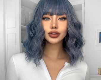 14-inch fashionable gray blue medium-length curly hair-customized wig-Lolita wig-cosplay wig-simple-anime-fashion wig