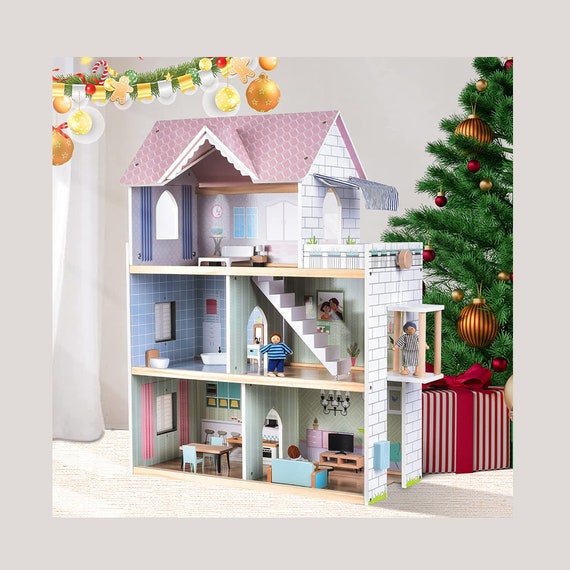 Giant bean Wooden Doll House, 2.6-ft Tall DIY Miniature Dollhouse Kit with  Elevator, Doorbell & Light, 15 Pieces Furniture, Large Toy Gift for Kids